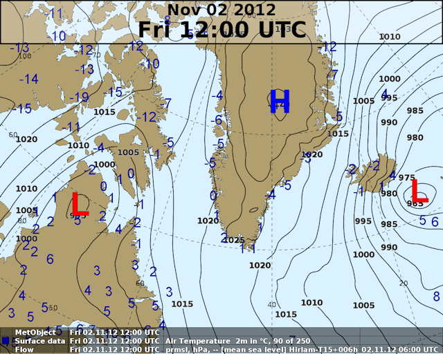 Vejrkort Grønland fredag d. 2. november 2012