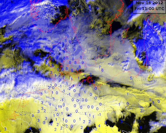 Skydække over og temperaturer i og omkring Danmark den 16. november 2012 klokken 12:00 dansk normaltid