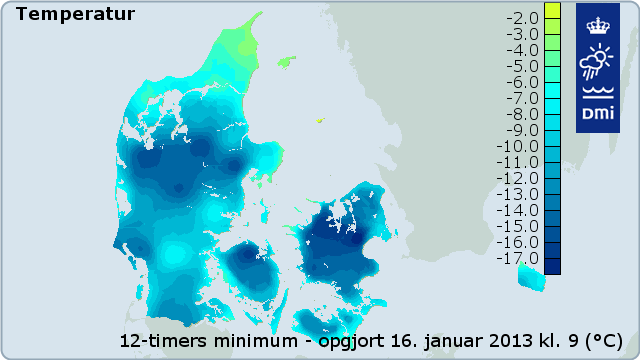 Temperatur 12-timers minimum 16. januar 2013