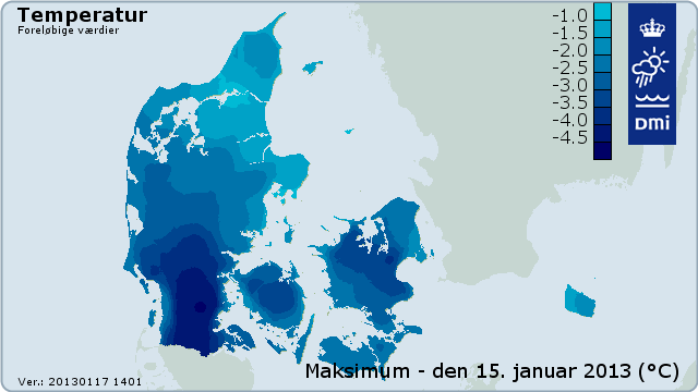 Maksimumtemperatur den 15. januar 2013