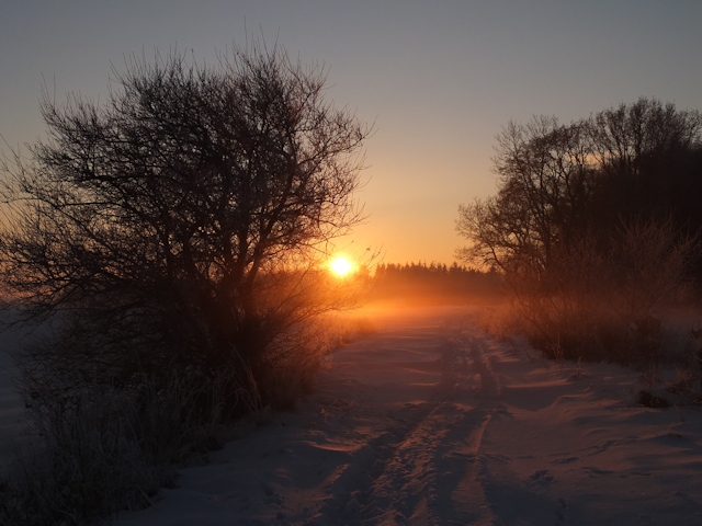 Solnedgang over snelandskab