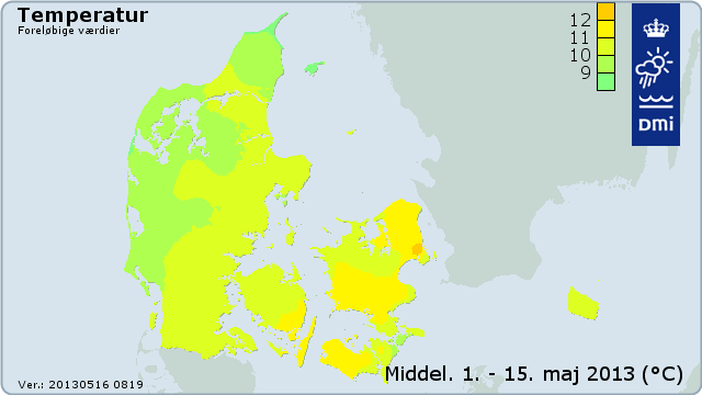 Temperaturen i Danmark 1. til 15. maj 2013