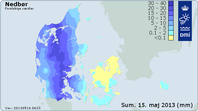 Samlet nedbørsum onsdag den 15. maj 2013