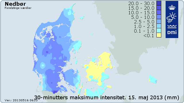 Nedbørintensiteten onsdag den 15. maj 2013