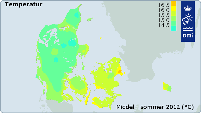 Kort over middeltemperaturer i Danmark