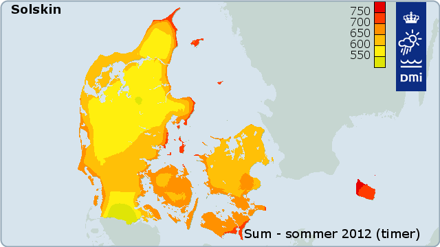 Kort over solskinstimer i Danmark