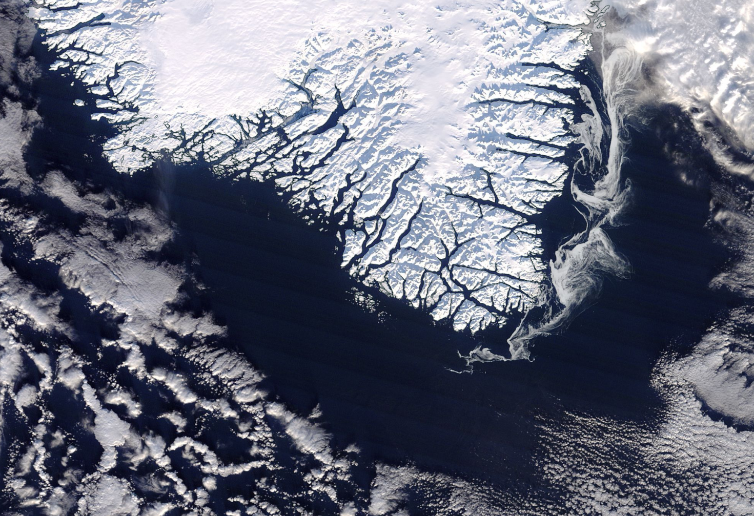 Satellitbillede af storisen ved Sydgrønland Satellitbillede af storisen ved Sydgrønland
