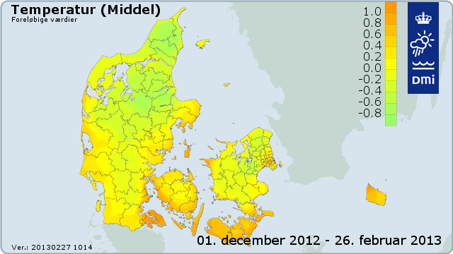 Gennemsnitstemperaturen fra 1. december 2012 til 26. februar 2013