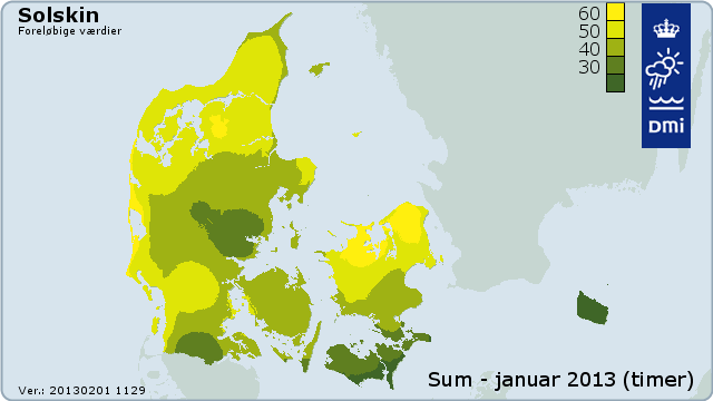 Kort over solskinstimer i Danmark