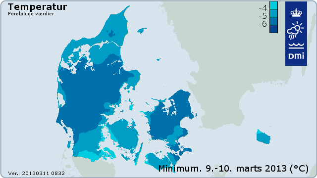 Kort over laveste temperaturer