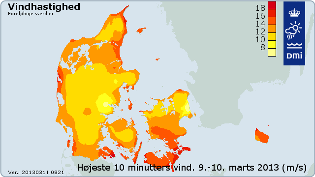 Kort over kraftigste middelvinde