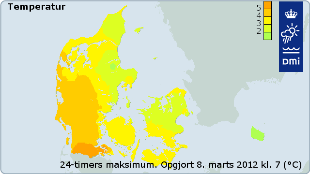 Kort over makstemperaturer i DK