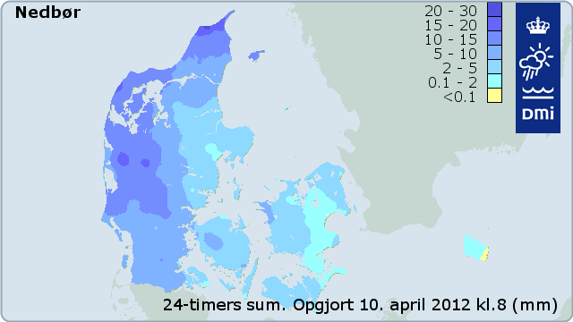 Kort over nedbørssum i Danmark