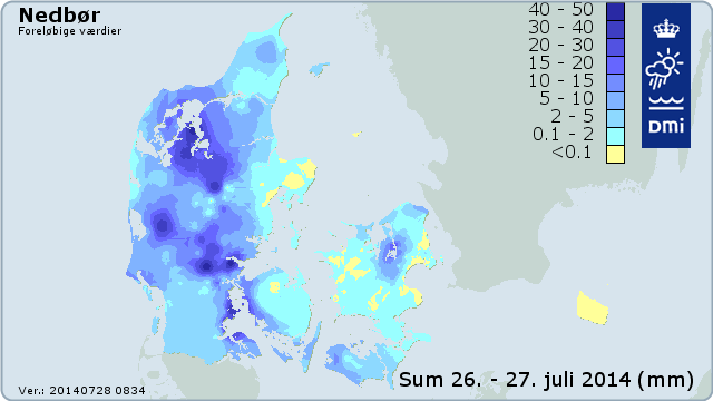 Samlet nedbørsum lørdag den 26. til søndag den 27. juli 2014. 