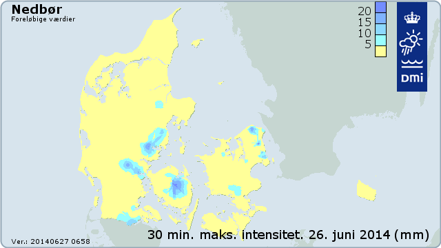 30 min. maksimum nedbørintensitet den 26. juni 2014.