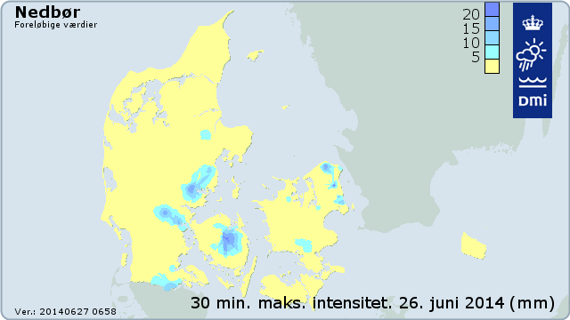 30 min. maksimum nedbørintensitet den 26. juni 2014.30 min. maksimum nedbørintensitet den 26. juni 2014. 30 min. maksimum nedbørintensitet den 26. juni 2014.