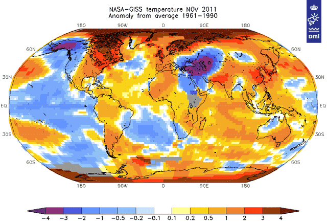 Temperaturafvigelser i 2011 fra sidste normalperiode