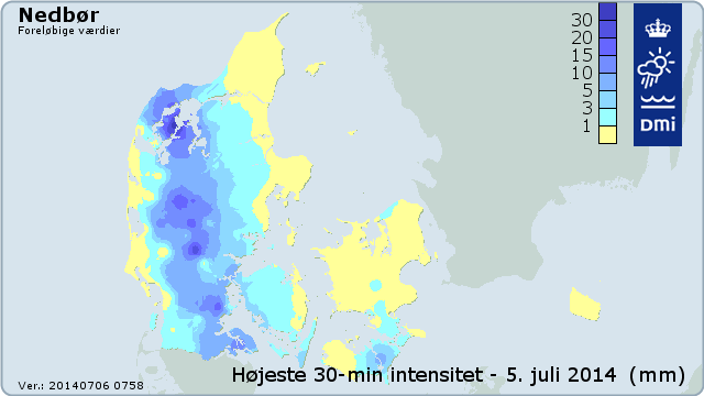 De kraftigste nedbørintensiteter over 30 minutter lørdag den 5. juli