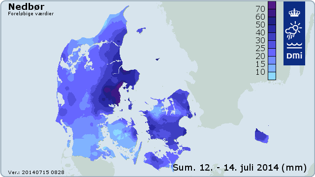 Samlet nedbør i Danmark i dagene den 12.-14. juli.