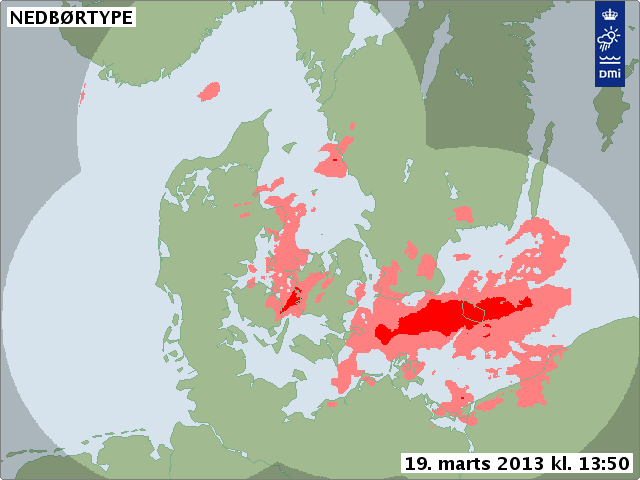 Radarbillede af sneen over Bornholm tirsdag eftermiddag.