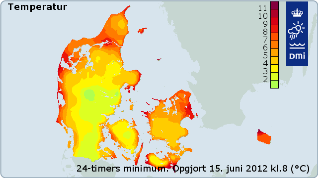Kort over minimumstemperaturer i Danmark
