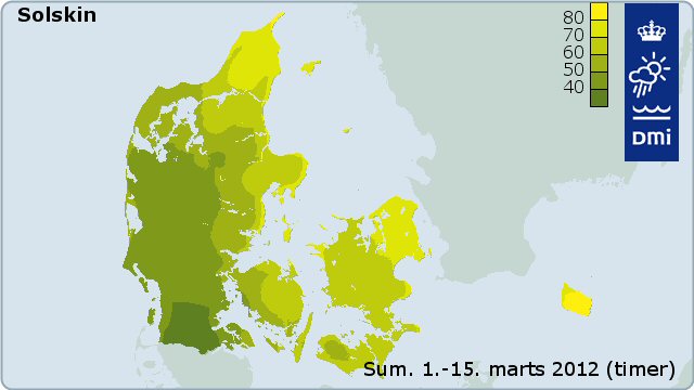 Kort over solskinstimer i Danmark