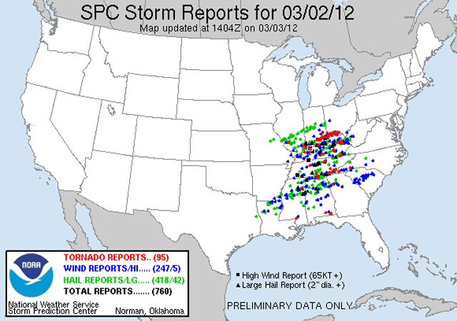 Kort over rapporterede storme 2. marts