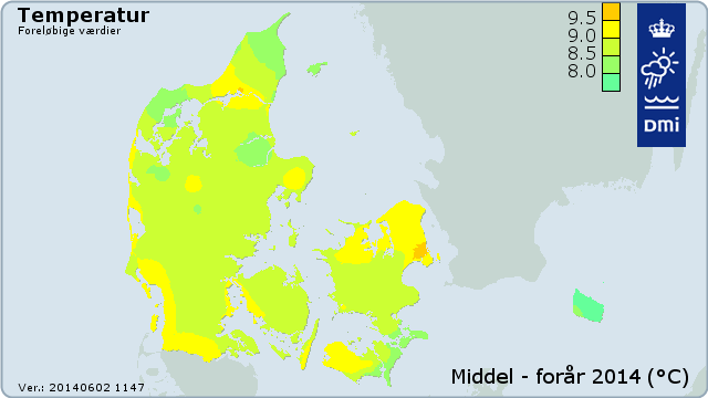 Fordelingen af forårstemperaturerne i Danmark i de tre forårsmåneder