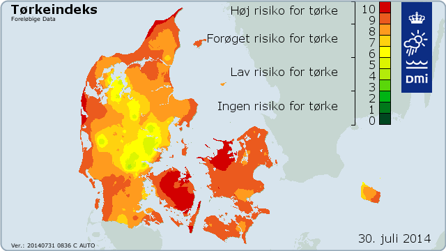 Tørkeindeks for Danmark den 30. juli 2014.
