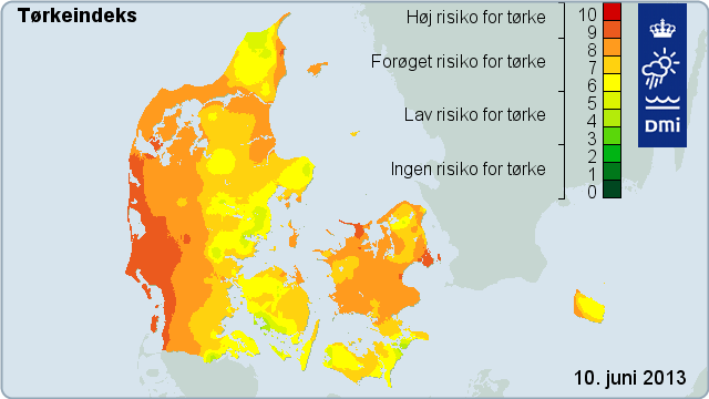Tørkeindeks for Danmark den 10. juni 2013.