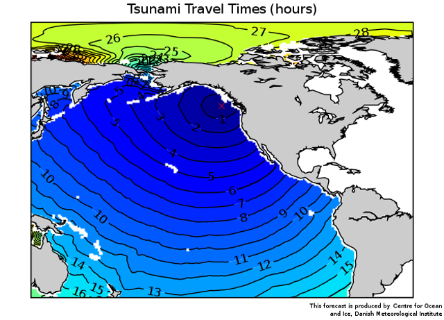 Illustration af en tsunamis rejsetid