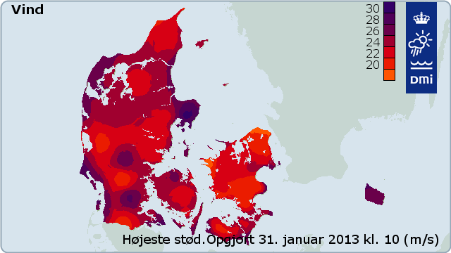 Kort over vindstød i landet Kort over vindstød i landet