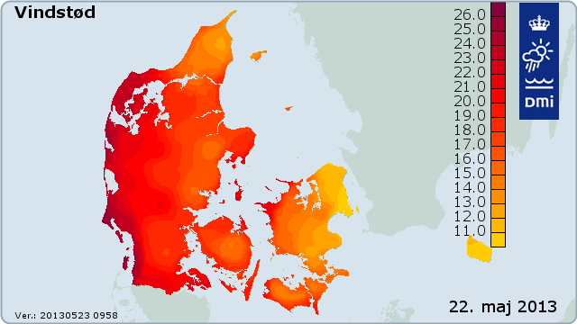 Kort over vindstød i Danmark